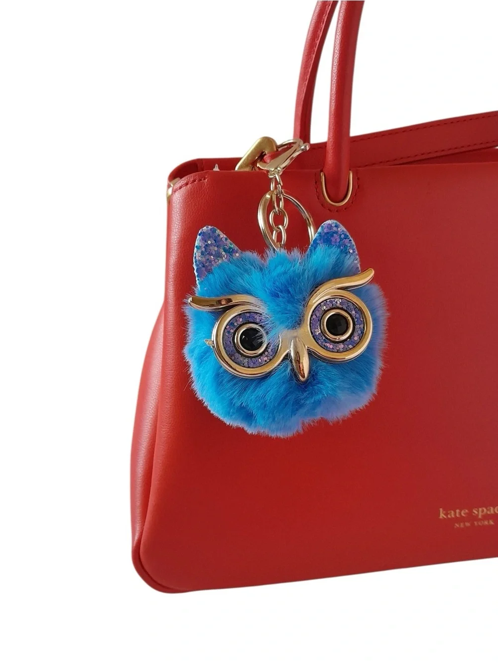 Blue Fuzzy Owl Keychain Bag Charm with Gold Hardware
